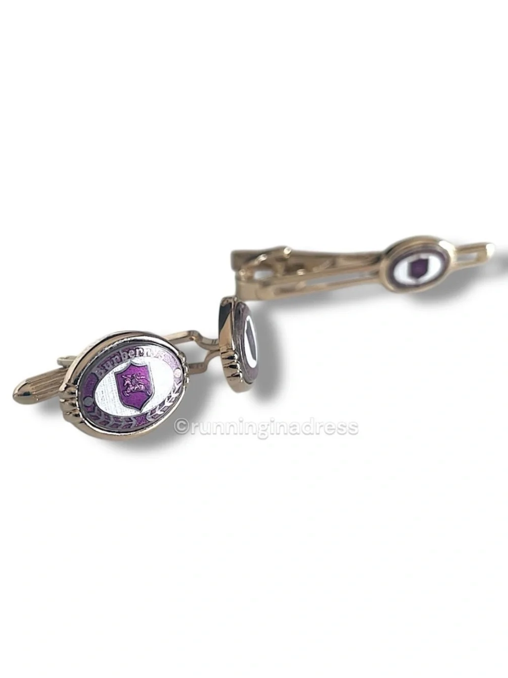 VTG Burberrys Gold Purple Nova Check Equestrian Knight Enamel Cufflink Bar Set